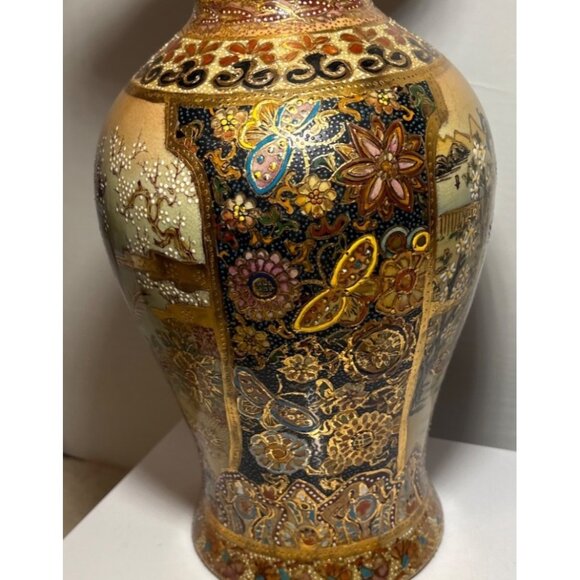 Vintage Satsuma Vase Intricate Gold Detailing Hand Painted Oriental Scene 11.75" - Picture 3 of 13